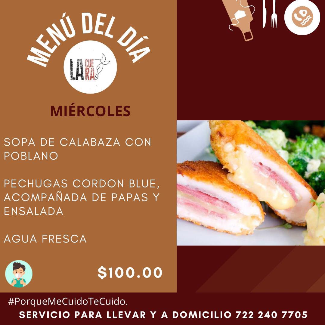 MENÚ DEL DÍA | MIÉRCOLES 👨🏻‍🍳
¡Haz tu pedido por aquí! 👇
📲 goo.gl/qLdyDk 

🛵 Envíos a domicilio (pregunta por nuestra cobertura)
📍 Calle 3s, Parque Industrial Toluca 2000, Toluca Edo de México. 
.
.
.

#LaCueraFoodtruck
#CocinaTamaulipeca 
#menúdeldía 
#comidamexicana
