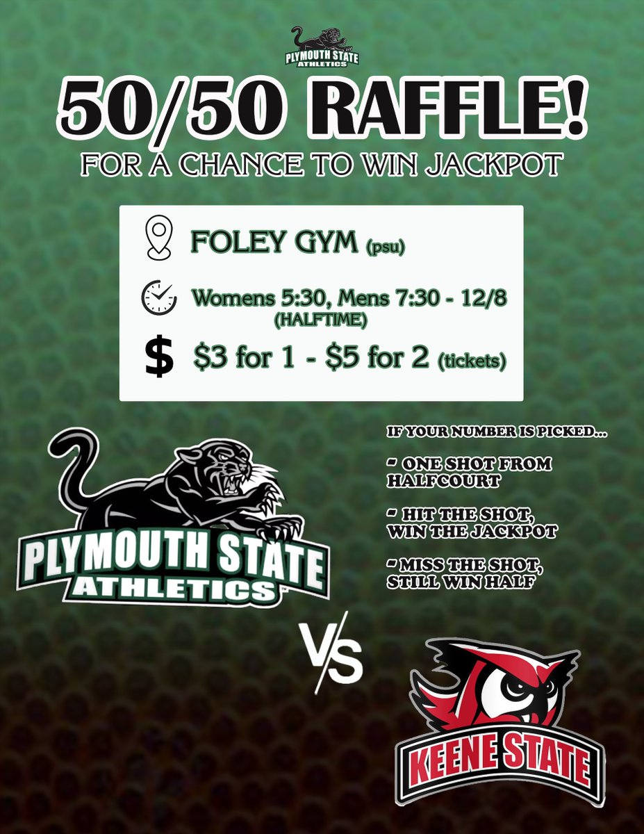 PSUPanthers's tweet photo. Fans, enter to win a chance at the 50/50 raffle half-court shot during both basketball games tonight! Come support your Panthers!
#PackFoley #BleedGreen #PantherPride https://t.co/bjuKsilUSw