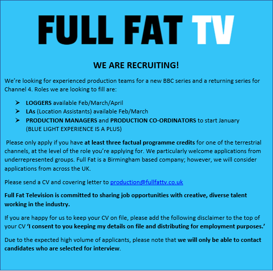 We're recruiting! Please apply using the email address below or via @tvtalentmanager 

#tvproduction #jobsintv #midlandstvproduction 
@CreateCentralUK @FilmBirmingham @crew_birmingham @PHiveUK