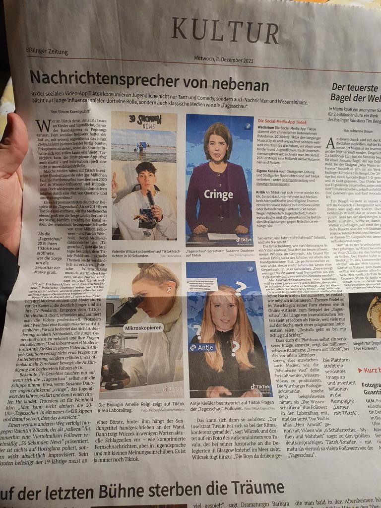Wenn die Tageszeitung aus Esslingen, einfach fast eine Seite lang über das Tiktok der Tagesschau schreibt 😅😂