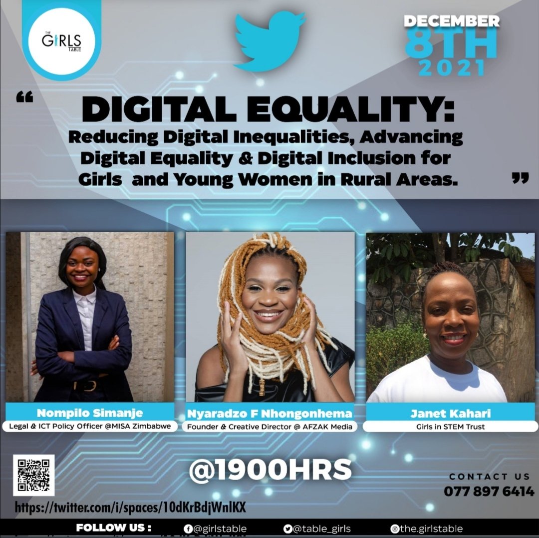 Don't miss this discussion hosted by @table_girls tonight! Catch @JanetKahari from @girlsinstemzw on the panel!

#digitalequality #sdg5 #Tech4All