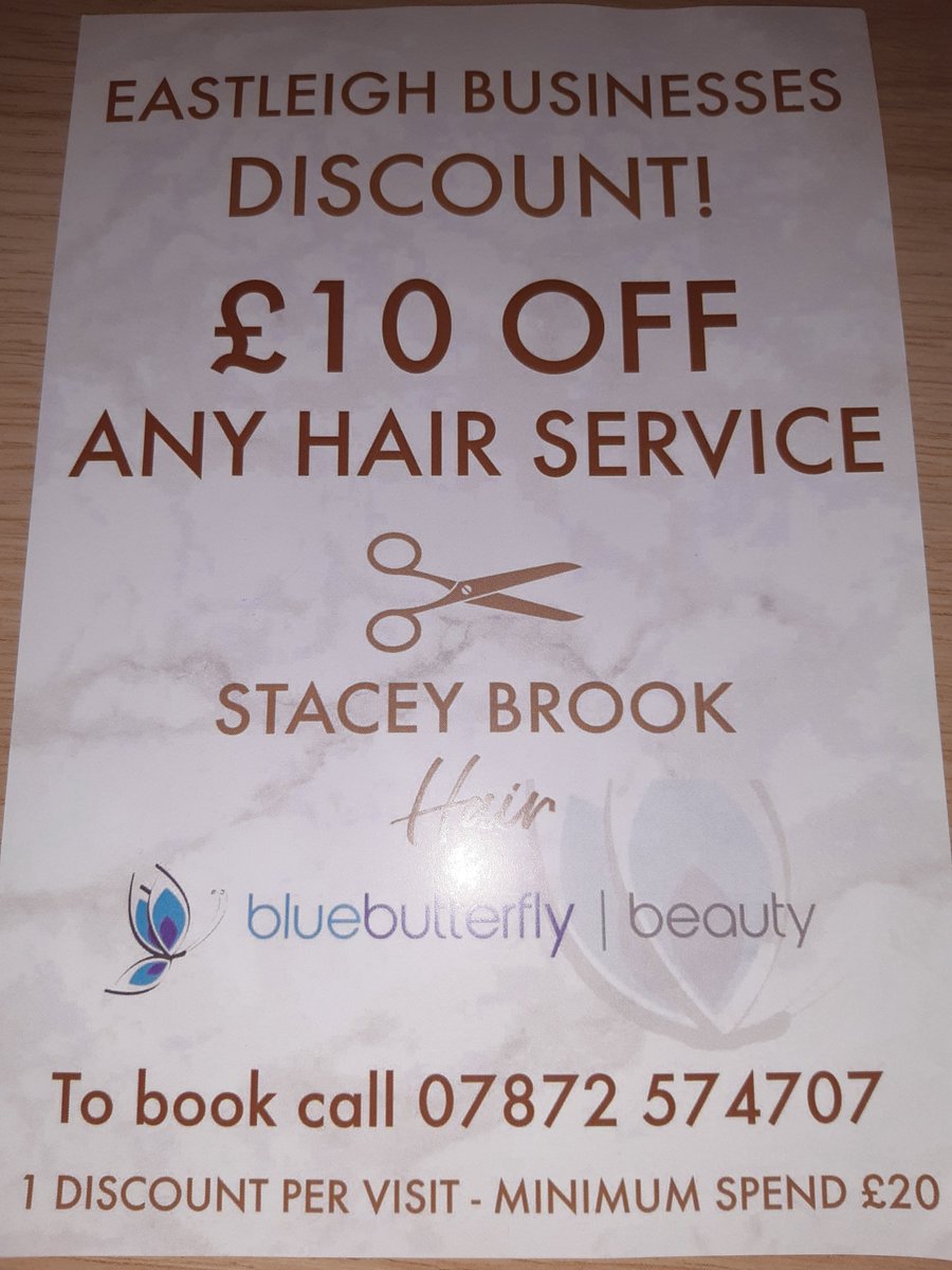 2 great December offers! A perfect time to treat yourself to a new hair colour or style. Stacey Brook Hair -  at Blue Butterfly Studios Beauty are offering £10 off any hair colour treatment in December.
Or £10 off any hair treatment for Eastleigh based businesses &amp; employees.