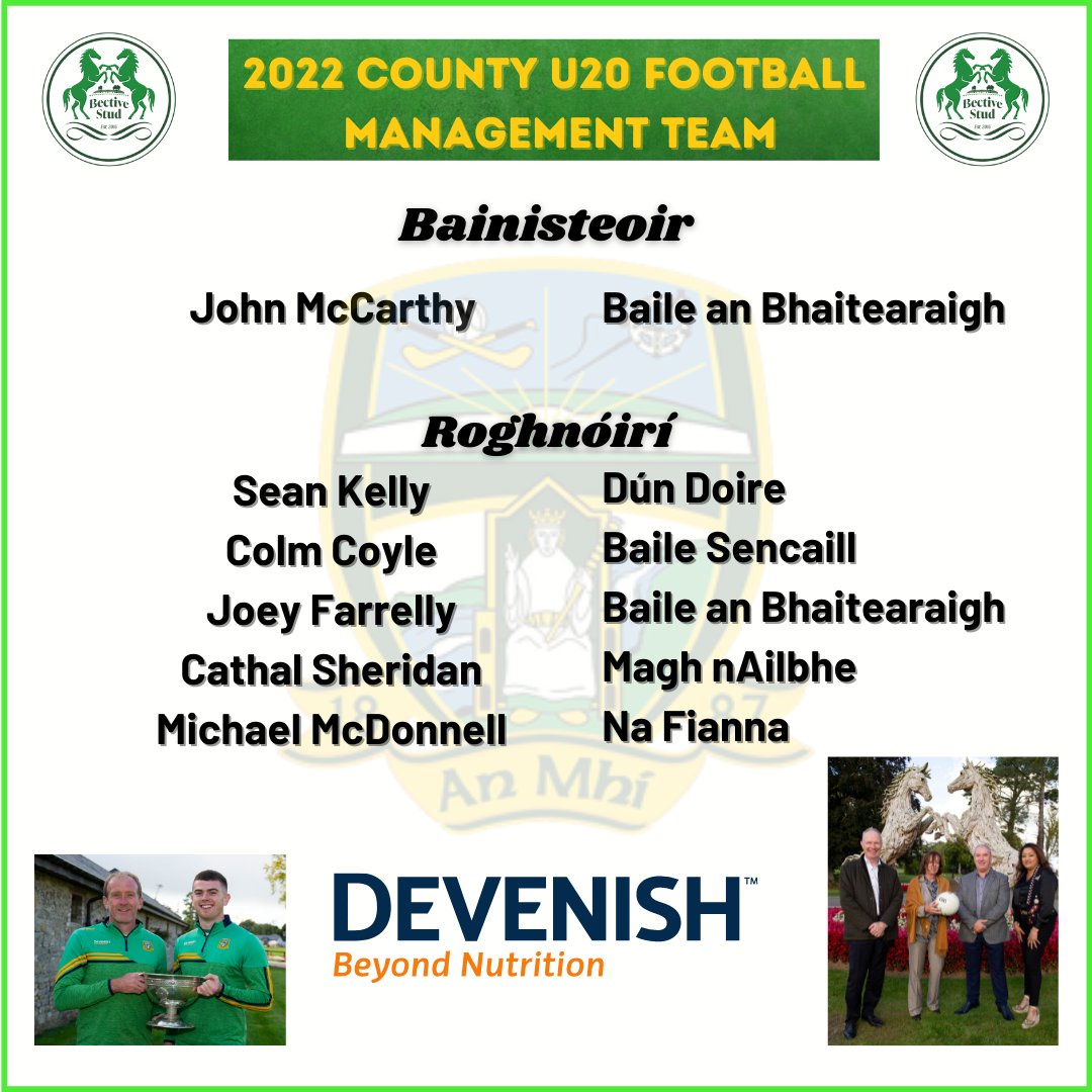 MeathGAA's tweet photo. Our U-20 Football management team for 2022 has been ratified!

Best wishes to John McCarthy @ElHurricano and his fellow coaches/selectors for the coming season. 

#PowerToTheFuture #EirGridGAA #MeathGAA #MeathFootball #GAA https://t.co/6aSkv7XcFo