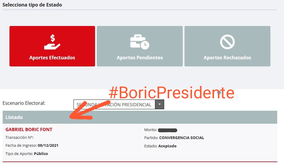 ¿Quiere aportar su granito de arena a la campaña presidencial por el 1🌳?
Fácil y sencillo.
Paso 1: Este link aportes.servel.cl/servel-aportes…
Paso 2: Crear usuario y contraseña
Paso 3: Aportar con débito/crédito y listo!
#GabrielBoric #BoricPresidente