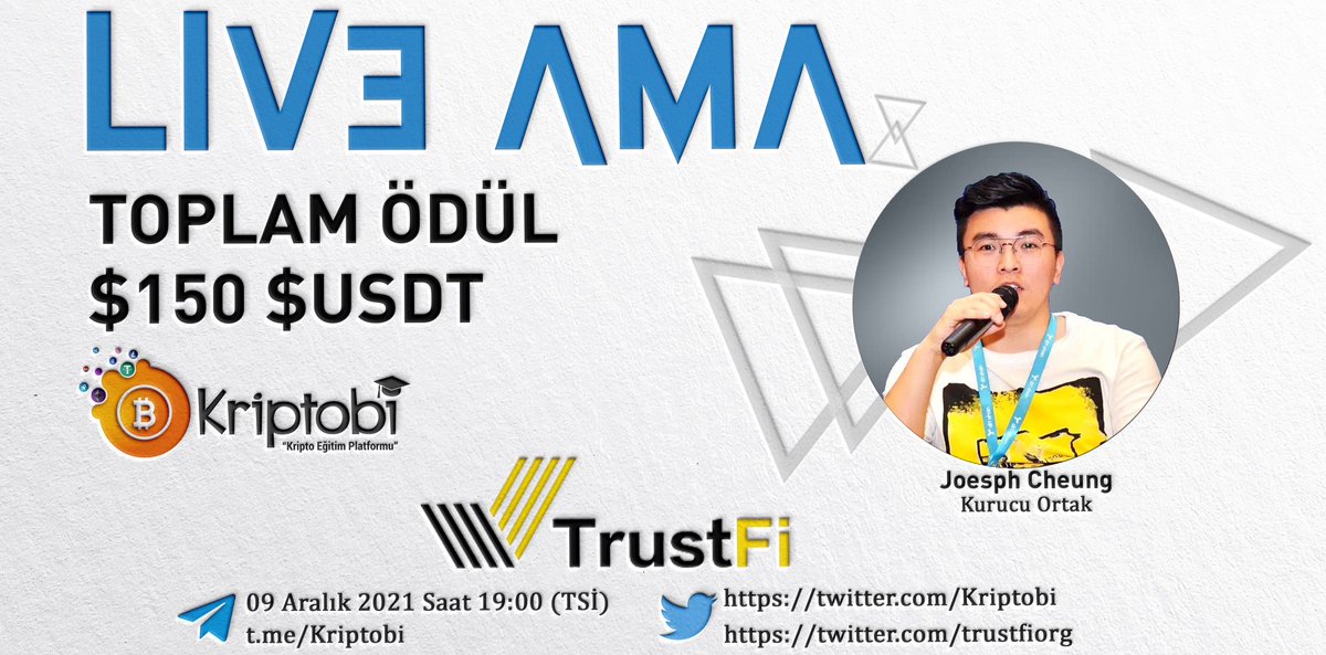 🔶Kriptobi olarak #TrustFi (<a href="/trustfiorg/">TrustFi</a>) projesini grubumuzda ağırlıyoruz.

➖Tarih: 9 Aralık 19.00
➖ Etkinlik yeri: t.me/kriptobi

▶ Etkinliğin son bölümünde (Canlı Sorular) 5 Kazanan Olacak. Ödül Havuzu 150$