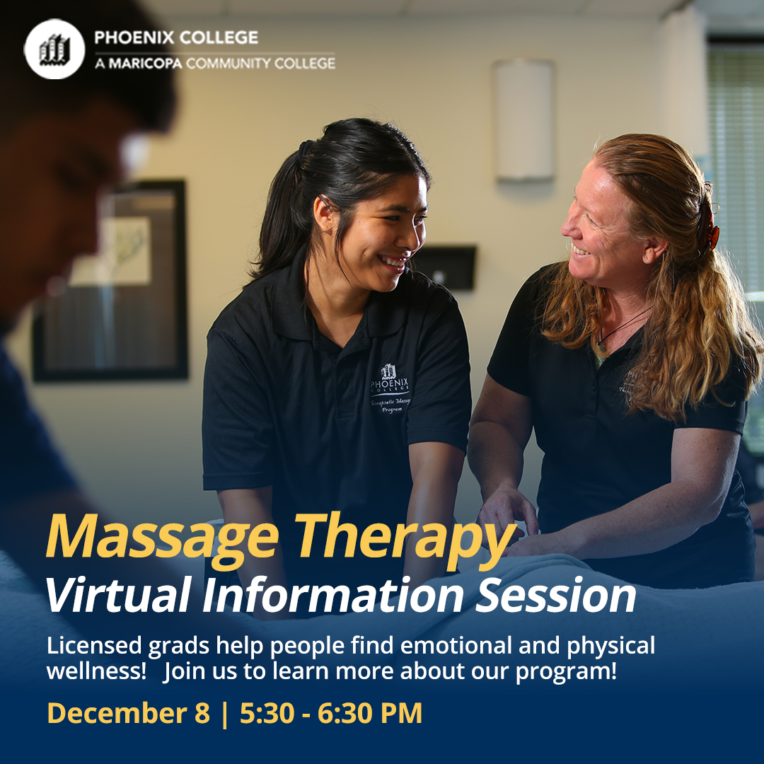 PhoenixCollege's tweet photo. Are you ready for something new? Why not try massage therapy?
There's a shortage of licensed massage therapists right now!
Enroll now and get your career started! https://t.co/6iTCI5AEa8
#massagetherapyprogram #phoenixmassages #phoenixmassagetherapy #massageprogram https://t.co/M0iVbwDzBi