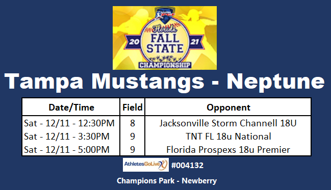 This weekend's schedule for the <a href="/playfloridapgf/">playfloridapgf</a> Fall State Championship. <a href="/TampaMustangs/">Tampa Mustangs</a>