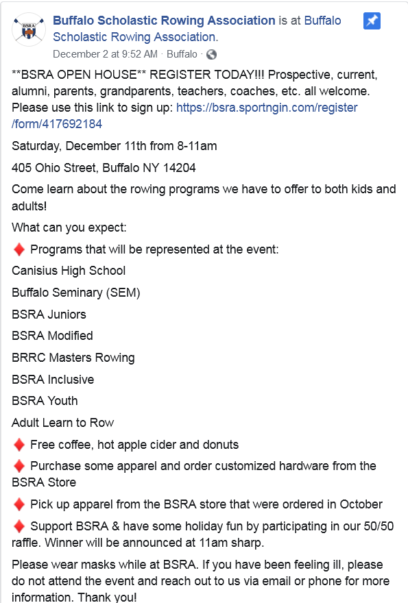 Row_Buffalo's tweet photo. Join us at the #BSRA’s Open House on Saturday December 11th from 8-11am. Come down to 405 Ohio St. in #Buffalo's historic #oldfirstward to learn about the rowing programs we have to offer to both kids and adults! 🚣 #wny #crew 

#Rowing is for everyone.
https://t.co/9pwC1fBgPO https://t.co/fITGepY3KP