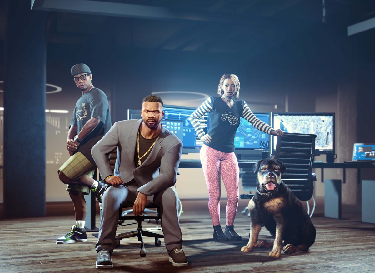 GTASeries's tweet photo. - New #GTAOnline story missions
- Franklin, Chop and Lamar are back
- Main objective is to retrieve Dr. Dre's phone
- New weapons (Stun gun &amp; Compact EMP Launcher)
- New vehicles (Enus Jubilee &amp; Debauchee Champion)
- New radio station &amp; updates to existing ones #RockstarGames https://t.co/RjUHGKmBOK