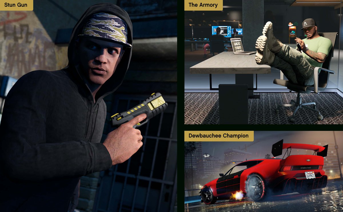 GTASeries's tweet photo. - New #GTAOnline story missions
- Franklin, Chop and Lamar are back
- Main objective is to retrieve Dr. Dre's phone
- New weapons (Stun gun &amp; Compact EMP Launcher)
- New vehicles (Enus Jubilee &amp; Debauchee Champion)
- New radio station &amp; updates to existing ones #RockstarGames https://t.co/RjUHGKmBOK