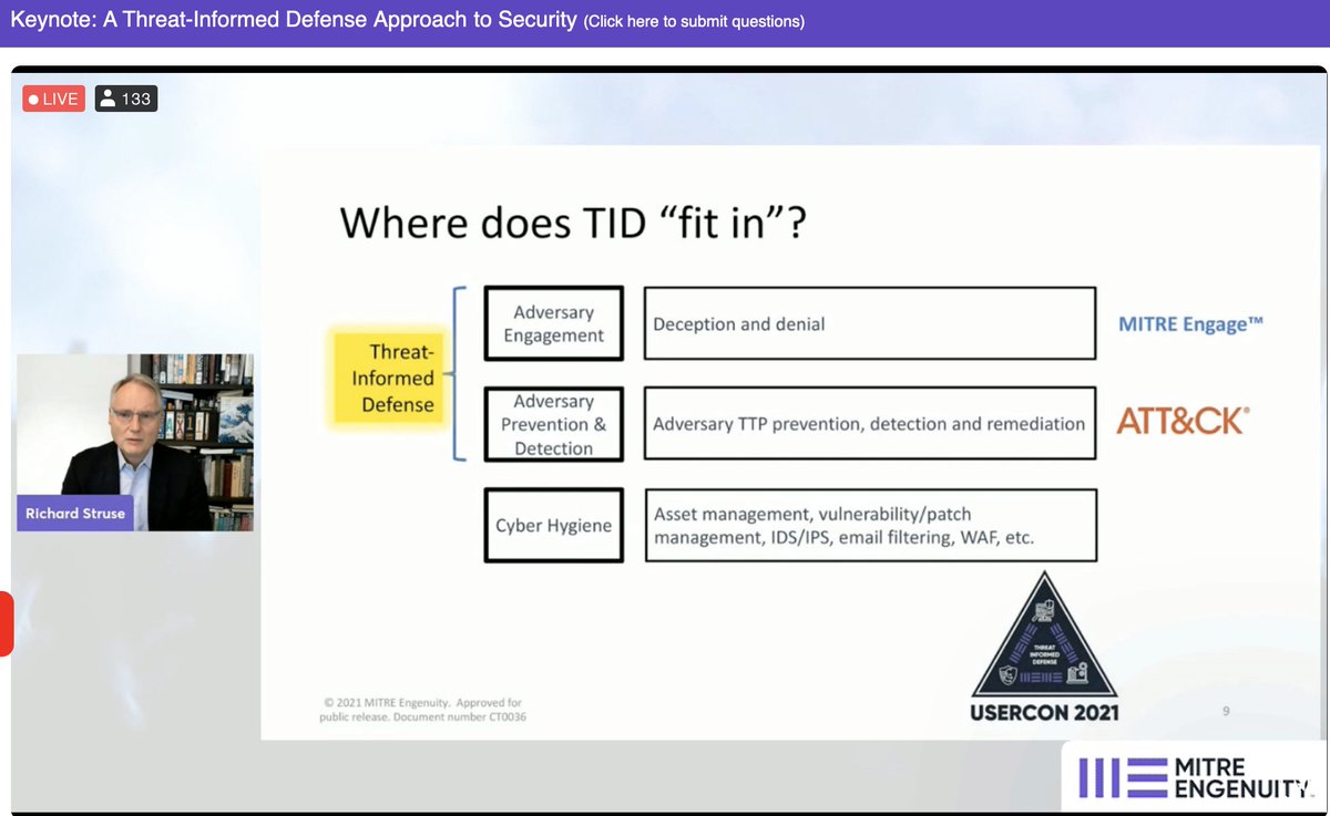 MITREattackDef's tweet photo. Richard Struse, our Keynote of #TIDUSERCON is live now doing a deep dive into what is threat-informed defense, and how the cyber divisions at MITRE Engenuity have readily available resources to accelerate adoption: https://t.co/xKzNN7FKWc https://t.co/jSvJKUxtZ1