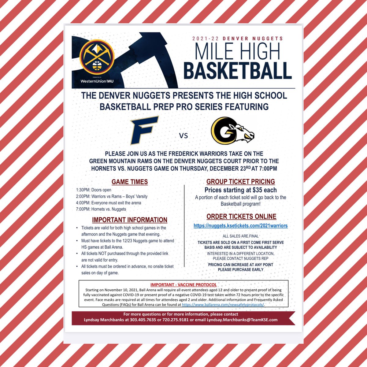 FrederickBoysBB's tweet photo. Looking for a great Christmas gift? The FHS Boys basketball team will be playing at Ball Arena 12/23. Come support your WARRIORS and get entrance to the Nuggets vs Hornets game. Must purchase tickets through the link on flyer. @Warriors_of_FHS @Frederick_HS @TownofFrederick https://t.co/sQVC58dlHJ
