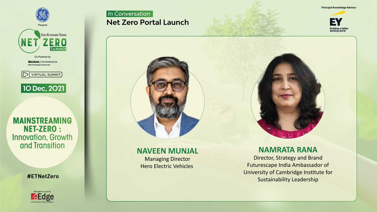 #ETUnwired | #ETNetZero | We are pleased to welcome our speakers for the "Net Zero Portal Launch"

Speakers: Naveen Munjal, Managing Director, HERO ELECTRIC VEHICLES PVT LTD.
Namrata Rana, Director, Strategy and Brand, <a href="/futurescape/">FUTURESCAPE</a>,