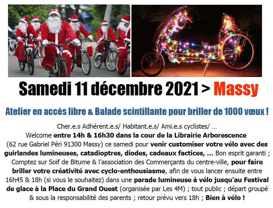 AffichageMassy's tweet photo. Ami.e.s cyclistes, que vous fassiez ou non la balade lumineuse ce samedi 11/12 apm, n'hésitez pas à venir faire un saut en famille à #LibrairieArborescence @villedemassy entre 14h & 16h30 pour faire briller de 1000 vœux votre vélo durant l'atelier de #SoifDeBitume ; accès libre https://t.co/17DPmeyUlR