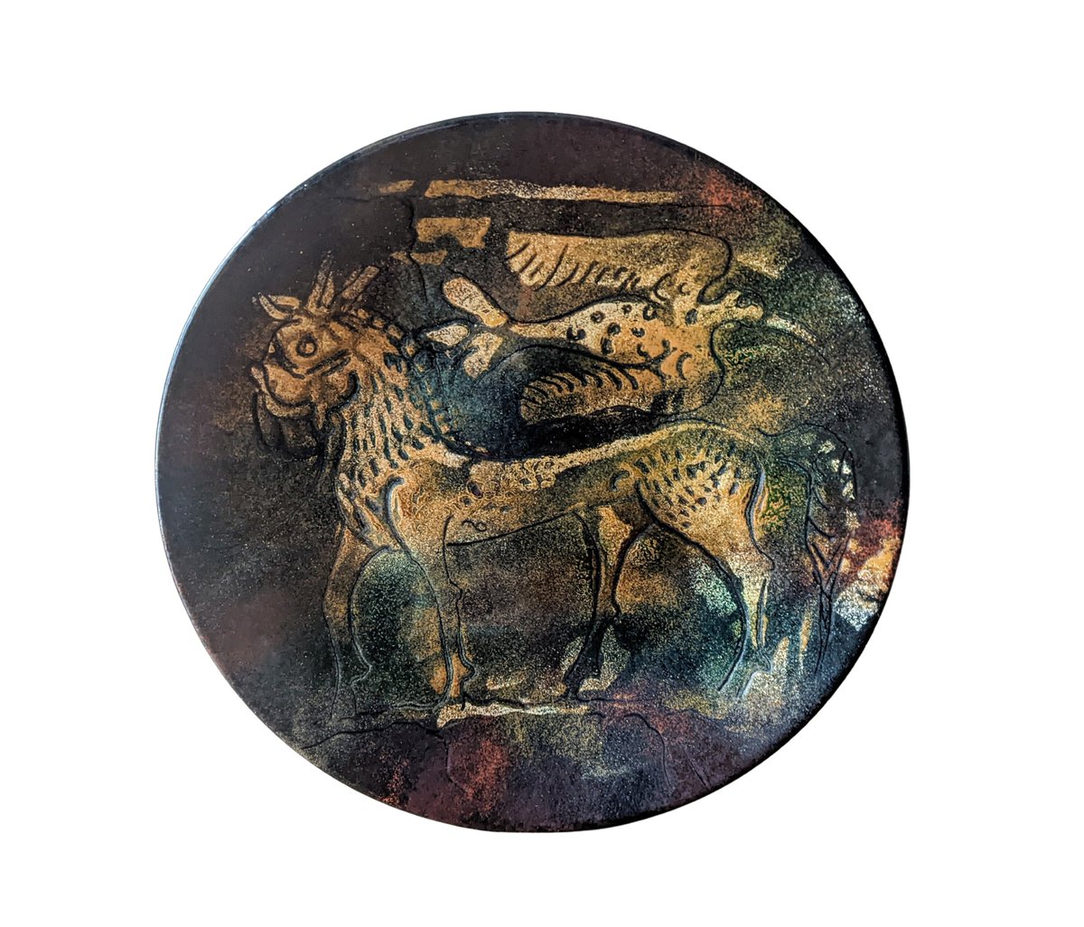 Love this very cool metal and enamel wall hanging / plate!  I think this might be the Beast of Gevaudan.  An interesting and horrifying story of a beast that terrorized a small French town in the 18th century.  The plate of course is from the 20th century and now avail