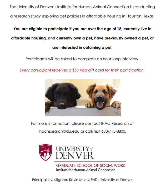 Public housing residents in #Houston: We want to hear from you, whether you presently #rent with #pets, previously have, or are hoping to get a pet soon. Please see flyer below for details on how to participate! <a href="/TXTenantsUnion/">Texas Tenants' Union</a> <a href="/TexasHousers/">Texas Housers</a> @NINLIHC @OrganizeTexas <a href="/HouUnitedWay/">UnitedWayHouston</a>