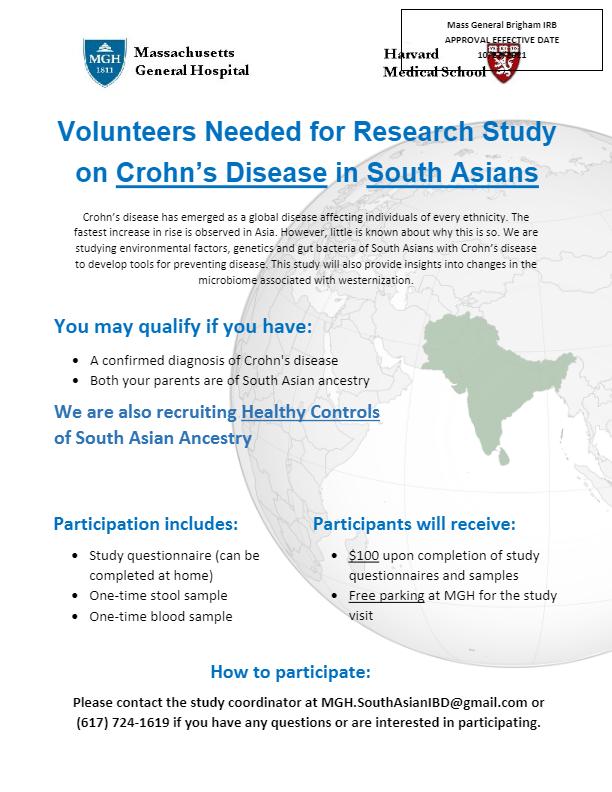 MGH (with the help of Helmsley trust) is launching a new international study of Crohn's disease among South Asians and changes that happen with immigration. We welcome collaboration and assistance with recruitment on this important topic! Thanks for the interest!