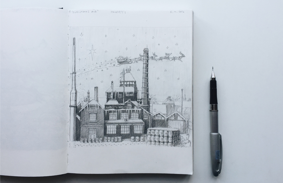 Harveys1790's tweet image. Have you managed to sneak a taste of our deliciously festive #ChristmasAle yet? 🎄🍺

Check out this original sketch from talented local #Lewes artist @malcdavis. You can now find his artwork at the bar on our Christmas Ale pump clips, and on our #returnablebottles! 🖋️😍