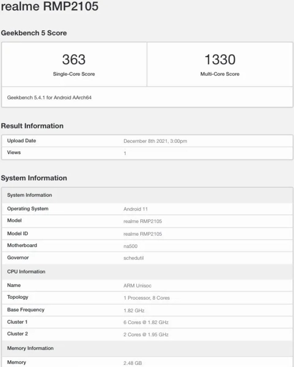 Raman_Singh8's tweet photo. A new 𝗿𝗲𝗮𝗹𝗺𝗲 𝗣𝗮𝗱 appeared on 𝗚𝗲𝗲𝗸𝗯𝗲𝗻𝗰𝗵 database.
Model Number : RM2105
• Unisoc SoC
• 3GB RAM
• Android 11
#realme #realmePad https://t.co/bmyChyE8y0
