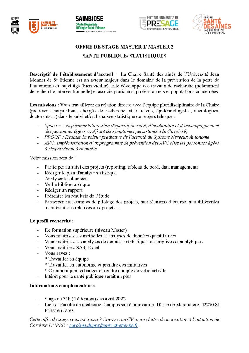 DuprCaroline1's tweet photo. La Chaire Santé des aînés et Ingénierie de la prévention, propose un stage en statistiques et santé publique en 2022, n'hésitez pas à candidater.
@chairesante_ujm @Univ_St_Etienne https://t.co/Yl2MZcAOx4