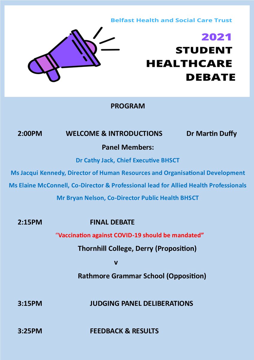 Belfast Trust Medical Education (@belfastmeded) on Twitter photo Congratulations to @thornhillcollegeDerry on winning the BHSCT Student Healthcare Debate 2021 debating the topic "Vaccination for Covid-19 should be mandated" Also a huge well done to their opposers <a href="/rathmoretweets/">Rathmore Grammar</a> both teams should be very proud. Congratulations to @thornhillcollegeDerry on winning the BHSCT Student Healthcare Debate 2021 debating the topic "Vaccination for Covid-19 should be mandated" Also a huge well done to their opposers <a href="/rathmoretweets/">Rathmore Grammar</a> both teams should be very proud.