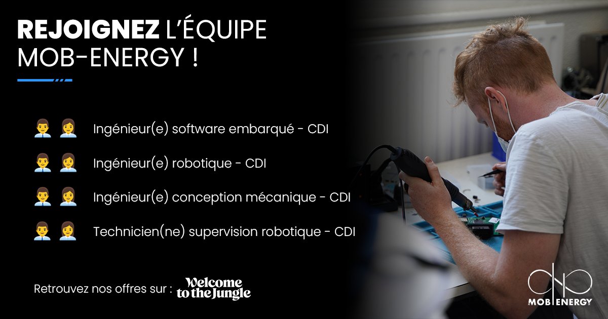 energy_mob's tweet photo. Mob-Energy #recrute ses futurs collaborateurs 🌟

Afin d'accompagner le développement du #robot Charles et de perfectionner son service, Mob-Energy ouvre de nouveaux postes.

Adressez-nous votre candidature sur @wttj_fr et prenez part à l'aventure ! 
➡️ https://t.co/RngpimMdcn https://t.co/lZLvxL0DpZ