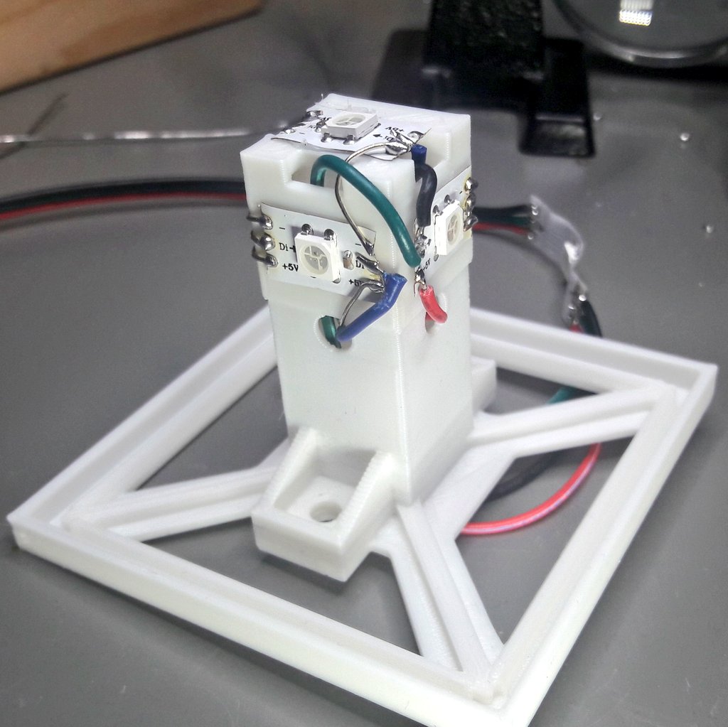 WeirdConstruct1's tweet photo. Soldering the internals of the RGB LED cube has been a small challenge but worked out fine. I was afraid the hot glue would not hold or the solder heat would melt the PLA. The hardware design took about 9 iterations to get to this state. #3dprinting #3dprinted #maker #markers https://t.co/OR1ExTDxkA