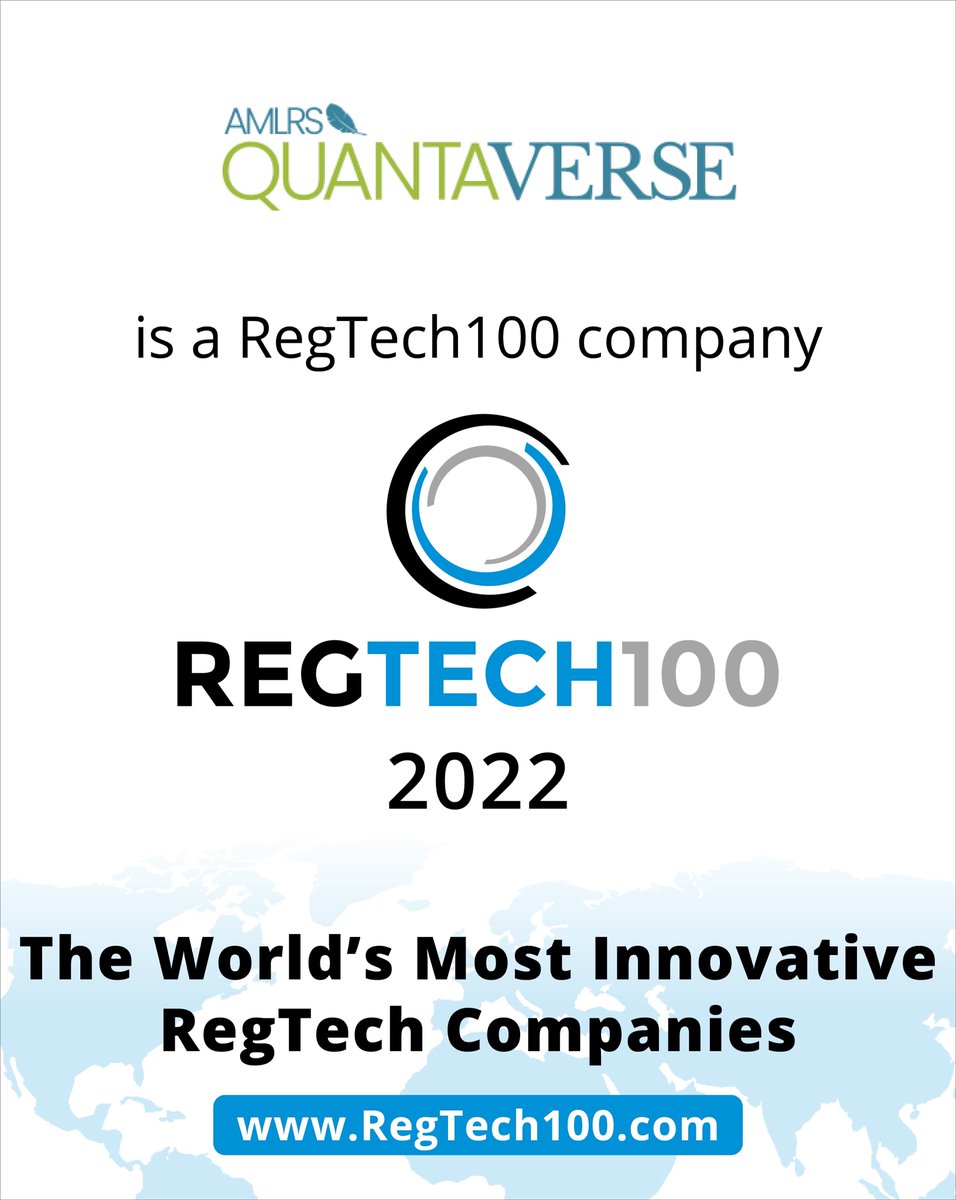 For the second year in a row, <a href="/AMLRightSrc/">AML RightSource</a> is honored that its QuantaVerse #FinancialCrime Platform was recognized in <a href="/Fintech_Global/">FINTECH GLOBAL</a>'s #RegTech100 list. QuantaVerse was identified as tech that is transforming #regulatory processes in #financialservices. bit.ly/3IuT9cq