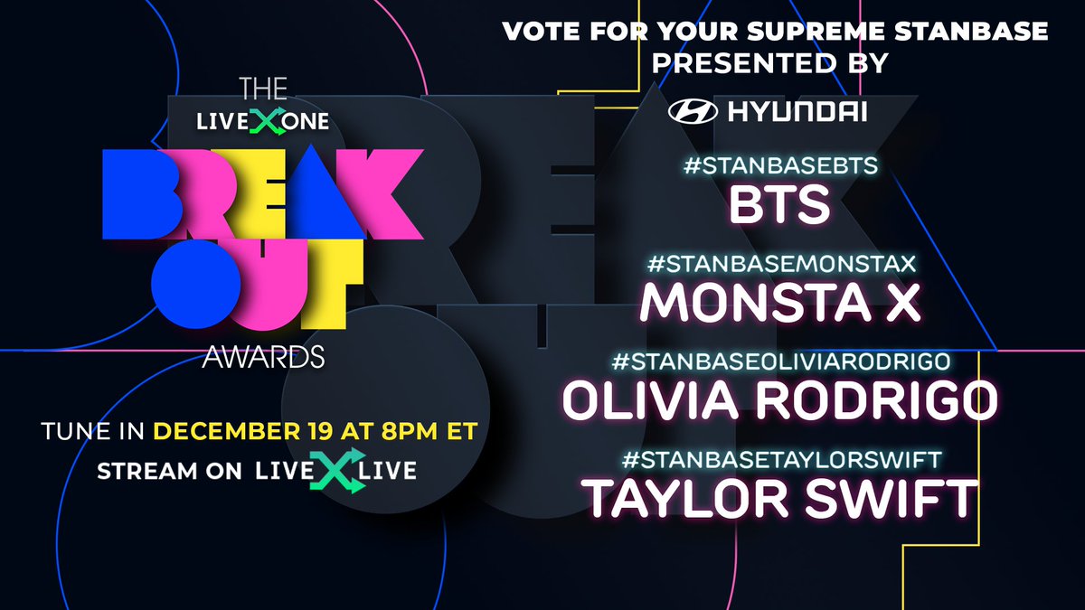 liveone's tweet photo. LAST DAY! Vote for your SUPREME STANBASE on the #BreakoutAwards, presented by @Hyundai 🌟 #HyundaiTucson
CAST YOUR FINAL VOTES: Tweet @LiveXLive & use your STANBASE hashtag!
#StanbaseBTS #StanbaseOliviaRodrigo #StanbaseMonstaX #StanbaseTaylorSwift
Voting ends TONIGHT at 8pm ET https://t.co/Pc38BjC05S