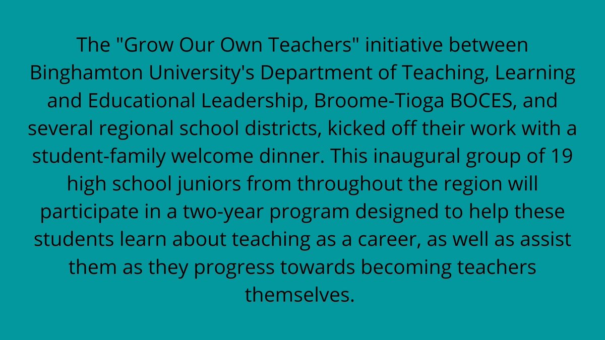 bingtlel's tweet photo. "Grow Our Own Teachers" w/  Binghamton University's Dept of TLEL , Broome-Tioga BOCES, and several regional school districts @BroomeBOCES   @UECSDTigers @BinghamtonCSD @ChenangoForksSD @JohnsonCityCSD @MECSDSpartan @HCSHORNETS @WhitneyPointCSD @Windsor_CSD  @CVCSDWarriors https://t.co/WgcKYFNbgA
