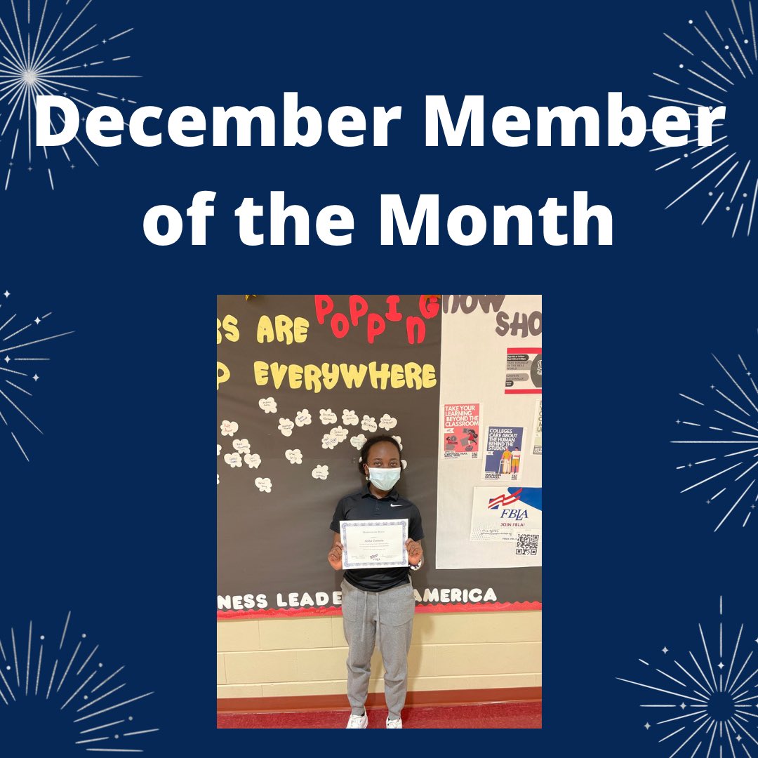 SunPrairieFBLA's tweet photo. Congratulations to Aisha Camara for being selected as our December Member of the Month! Aisha attended the National Fall Leadership Conference, regularly attends meetings, and has shown great participation in FBLA this year. https://t.co/7cvPCw8jAN