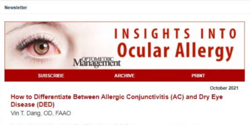 Check out this article in <a href="/OptoManagement/">OptometricManagement</a> by Intrepid member Dr. Vin Dang. 

How to Differentiate Between Allergic Conjunctivitis (AC) and Dry Eye Disease (DED) By Vin T. Dang, OD, FAAO in October Optometric Management 
 
Link: ow.ly/atWN50GSEgg

#IntrepiEyeSociety