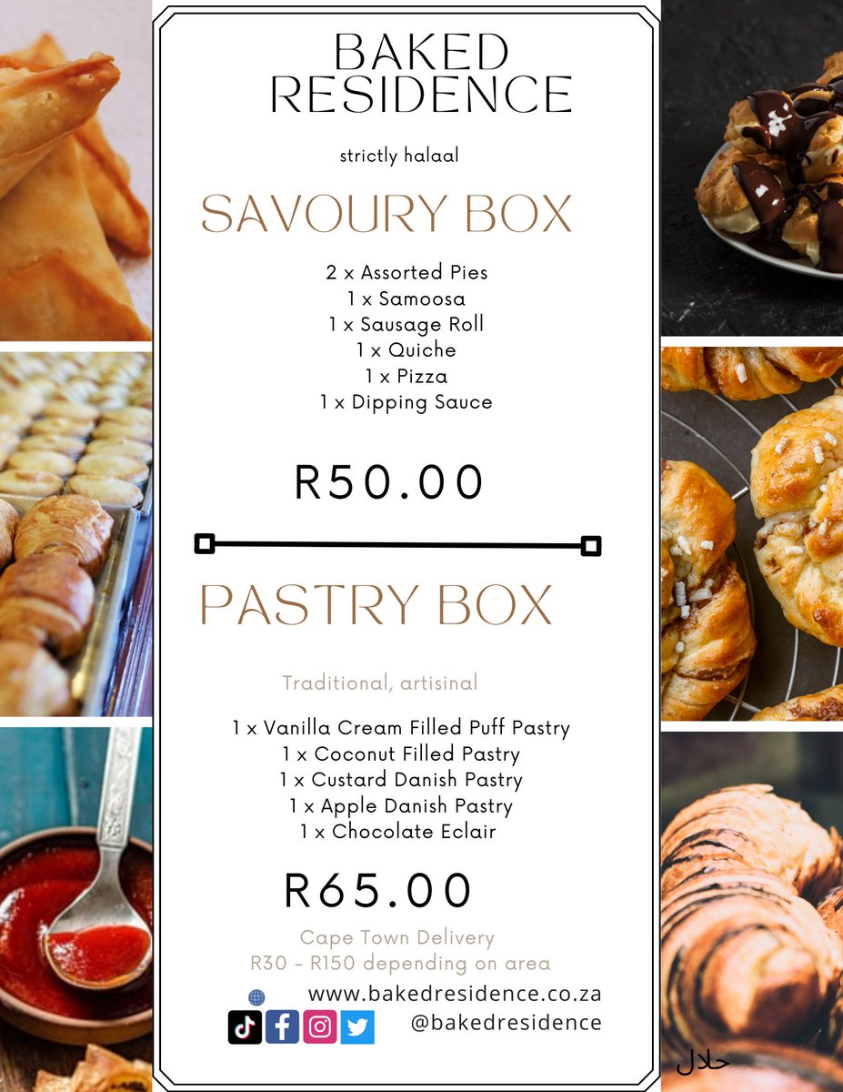 BakedResidence's tweet photo. Order via Instagram! 😍☺

*Sweet Pastry Boxes*
- R65

*Savoury Boxes*
- R50

- Minimum order of 10 boxes each
#CapeTownHalaal
#BakedResidence https://t.co/MbkosCHmqM
