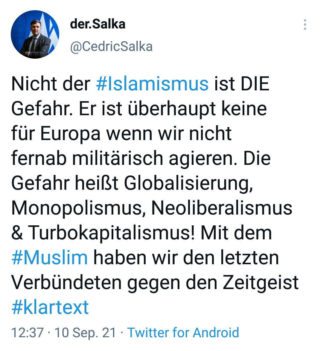 robertwagner198's tweet photo. Justin Cedric #Salka ist ein typischer Vertreter der extremen Neuen Rechten. Im radikalen #Islam sieht er einen natürl. Verbündeten im Kampf gegen die dämonisierte moderne Welt, im berüchtigten Salzburger Jungfaschisten Roman #Möseneder ein „Talent der patriotischen Zukunft“. /3 https://t.co/u9qMTXzcPo