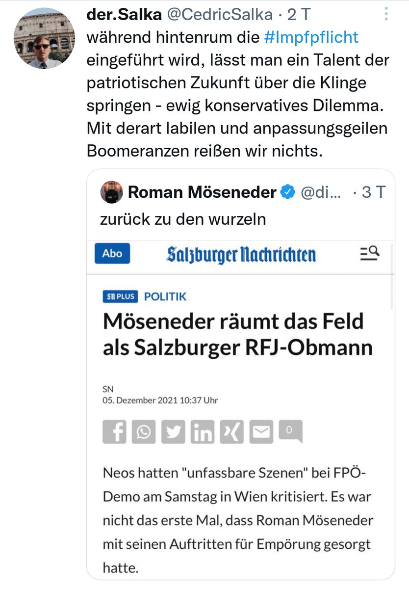 robertwagner198's tweet photo. Justin Cedric #Salka ist ein typischer Vertreter der extremen Neuen Rechten. Im radikalen #Islam sieht er einen natürl. Verbündeten im Kampf gegen die dämonisierte moderne Welt, im berüchtigten Salzburger Jungfaschisten Roman #Möseneder ein „Talent der patriotischen Zukunft“. /3 https://t.co/u9qMTXzcPo