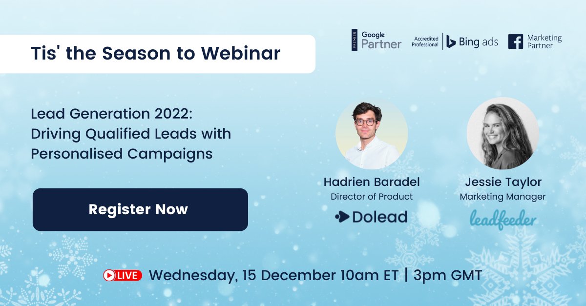 Sign up today for our webinar on December 15th with Leadfeeder to learn why running personalised ads should be your top priority in 2022.

To register: lnkd.in/dq6q4_zM

Together, Let's Power Your Growth 💙
-
#doelad #leadgeneration #marketingwebinar #webinarseries