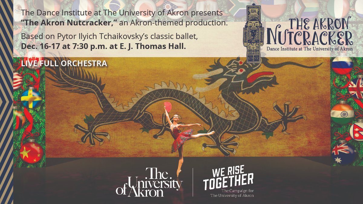 Add magic to your holidays with “The Akron Nutcracker: A Holiday in the Rubber City,” presented by Dance Institute <a href="/uakron/">The University of Akron</a>. Experience the charm of 1930s Akron &amp; let the majesty of a full, live orchestra fill your heart &amp; mind. Dec. 16 &amp; 17. Buy tickets - bit.ly/3weEP1Q
