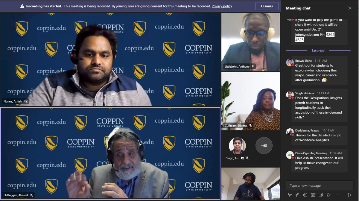 CoppinStateTech's tweet image. Ashish Nunna is now leading us in a presentation on the implementation of Occupation Insight by the College of Business. OI is a reporting portal that students can use to see the prospects for them professionally given their field of study. 
tinyurl.com/yckzwsp9
#csutech