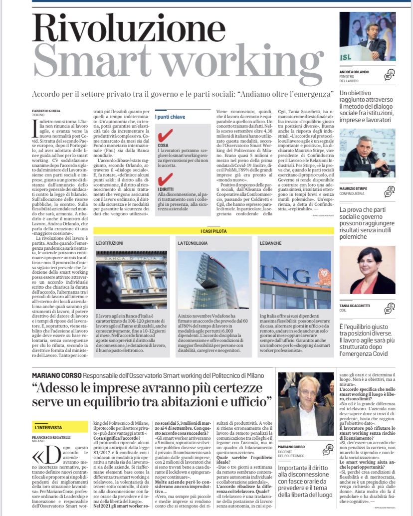 Smartworking, la nuova schiavitù : 1)assenza di orario di lavoro; 2)no straordinari; 3)in caso di ferie e malattia il lavoratore PUO' non DEVE disconnettersi; 4)accordi individuali,fine contrattualità dei lavoratori e azzeramento del sindacato (quello concertativo se lo merita).