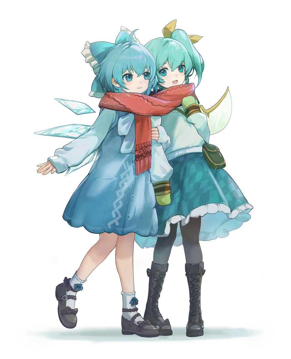cirno ,daiyousei multiple girls 2girls scarf wings shared scarf shared clothes blue hair  illustration images