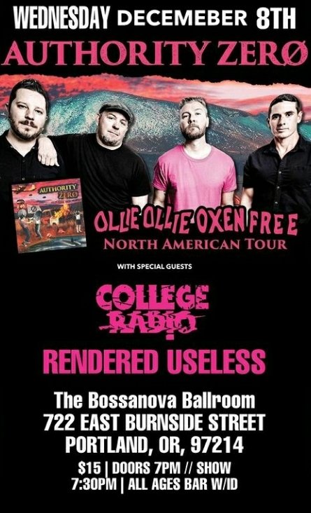 NoPantsRecords's tweet photo. Tonight! @RenderedU gonna hog it out w @AuthorityZero @BossaOfficial. Strap your dancing clogs on and stomp the yard w this punkrock banger. 7p doors. 8p music ๐ค๐ดโโ ๏ธ
#Portland #Punkrock #AuthorityZero #RenderedUseless #CollegeRadio #Live https://t.co/HswGg5Yp9m