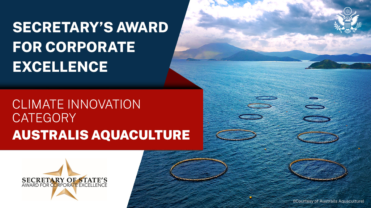 StateDept's tweet photo. Congratulations to #SecStateACE Climate Innovation winner Australis Aquaculture, which has pioneered climate-smart ocean farming in Vietnam’s marine tropics and is developing technology to cultivate a seaweed species with the potential to eliminate methane emissions from cattle. https://t.co/ggpzxVBtex