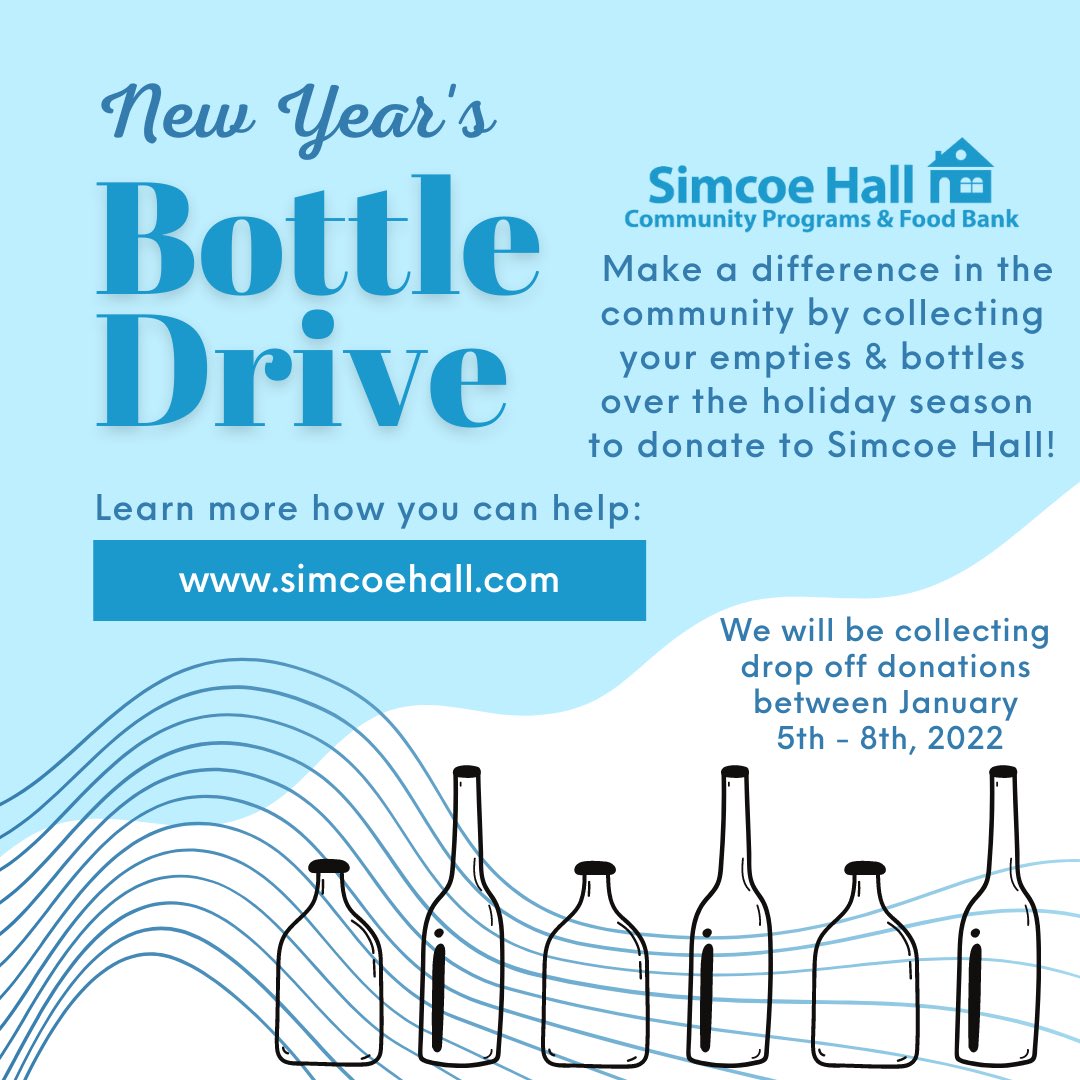 Giving back has never been so easy!

Collect your empties over the Holiday Season for Simcoe Hall. We will be collecting empties from 9-4pm from Jan. 5-7th. On Saturday, Jan. 8th, we’re collecting from 1-3pm, and there will be music and raffles. 

We hope to see you there!

#give