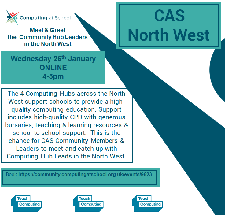 CAS_NorthWest's tweet photo. North West Teachers/TAs teaching computing in school meet the  @ComputingHubGM @ComputingHubMW @ComputingHubFT @ComputingHub  leads with @Howe_ICT  ONLINE  26/01/22   Find out what the Hubs can do for your school - bursaries/resources/CPD  FREE
Book https://t.co/gcJoCLLzZN https://t.co/0pSJnUAOb4