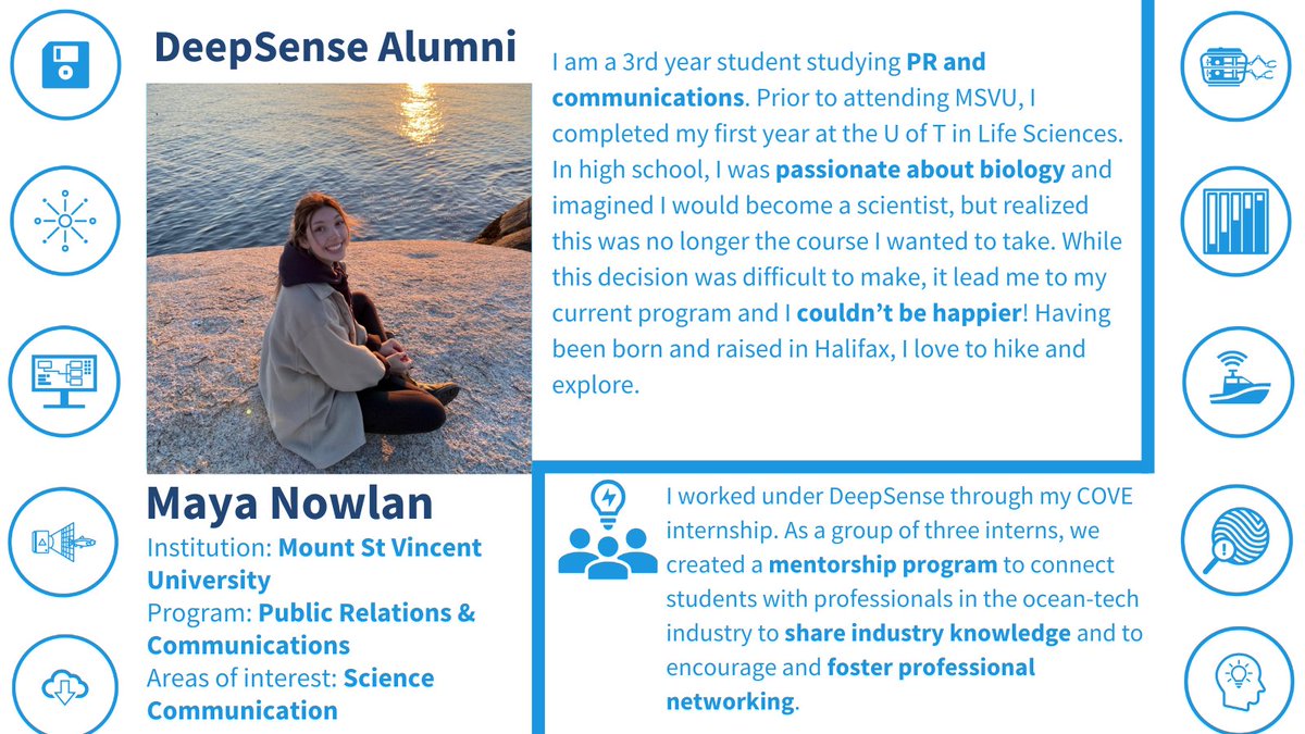 DeepSenseCA's tweet photo. Maya, a @MSVU_Halifax student, worked with DeepSense through the @COVE_Ocean internship and created the DeepSense X @SurgeInnovation Industry Mentorship! Learn more about Maya and all of our alumni here: https://t.co/8H5kMV76l6 https://t.co/xPQ8nRtvJ1