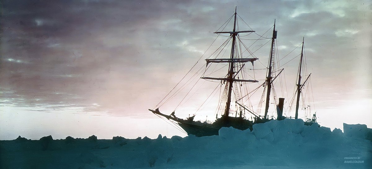 StuartHumphryes's tweet photo. My enhancements of Ernest Shackleton's trans-Antarctic expedition ship Endurance have been popular throughout 2021, so I've bought 4 of them together into one tweet for you to enjoy &amp; share. These paget plates - taken by Frank Hurley in 1915 - are original colour, not colourised. https://t.co/9hrxFyHHu5