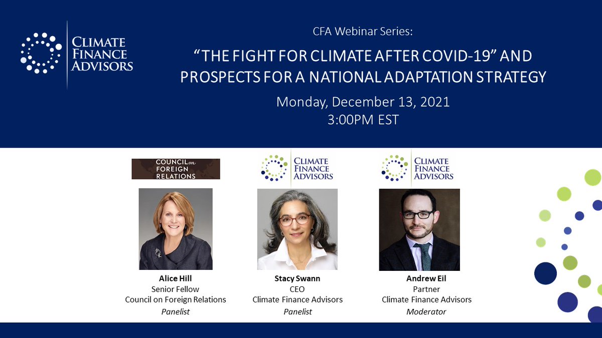 ClimateFinAdv's tweet image. Next Monday, Dec. 13 CFA will host @Alice_C_Hill for a discussion on her new book "The Fight for Climate after COVID-19". Ms. Hill will be joined by CFA's @StacySwann, and @AndrewEil1 to explore how to face #climaterisk in the wake of the #pandemic.

LINK: lnkd.in/dcbqRthy