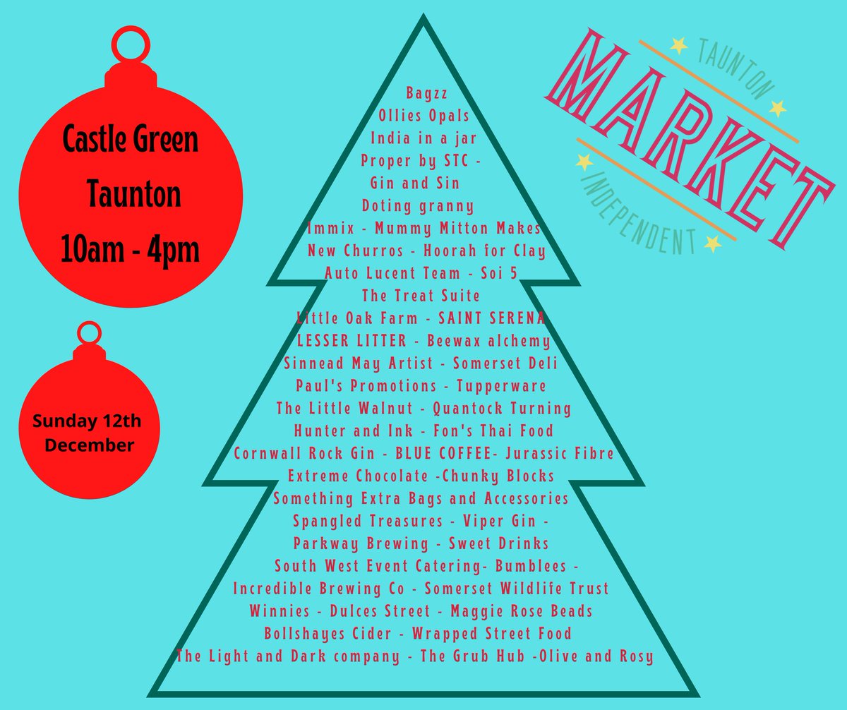 We've got a really great line-up of local businesses for you at the Taunton Independent Market this weekend!

Head to Castle Green in Taunton, on Sunday 12th December, and enjoy the second of our special Christmas Markets!

#christmasmarket #thisweekend #lovewhereyoulive