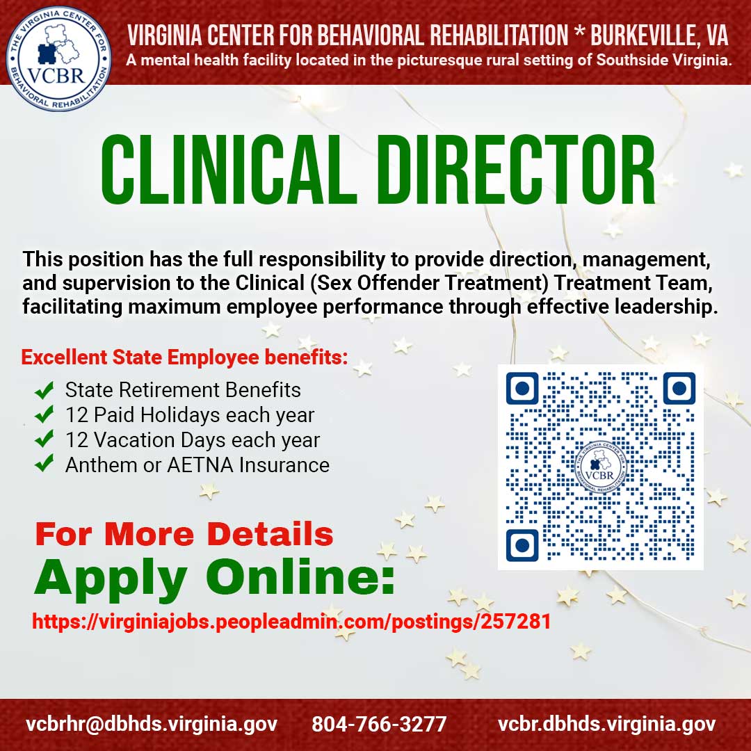 VCBR_Burkeville's tweet photo. CLINICAL DIRECTOR - This position has the full responsibility to provide direction, management, and supervision to the Clinical (Sex Offender Treatment) Treatment Team, facilitating maximum employee performance through effective leadership. https://t.co/HRrCFrxHEB https://t.co/jnLhYvCHnS
