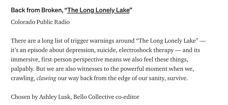 BoyceDan's tweet photo. Sincere thanks to @arlusk and @bellocollective for including "The Long Lonely Lake" in your top 100 podcast episodes of the year. It's really meaningful.  @BishopSand, @D____sF__k #BackFromBroken @COPublicRadio https://t.co/WFnOqsF0Zo https://t.co/FTkvN66Gop